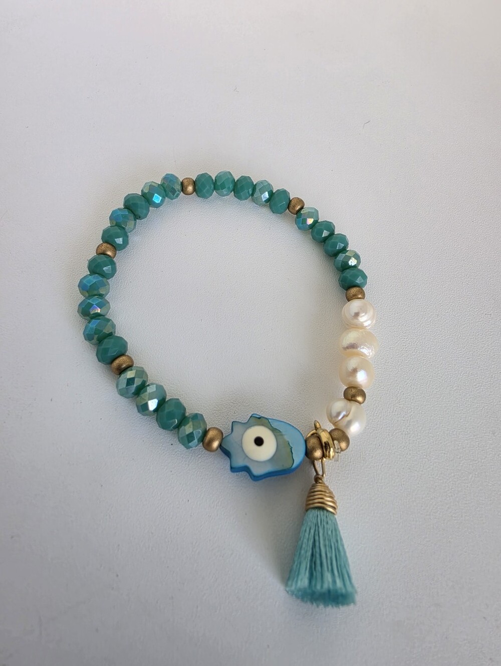 Handmade Turquoise Beaded Hamsa Evil Eye Pearl Tassel Bracelet